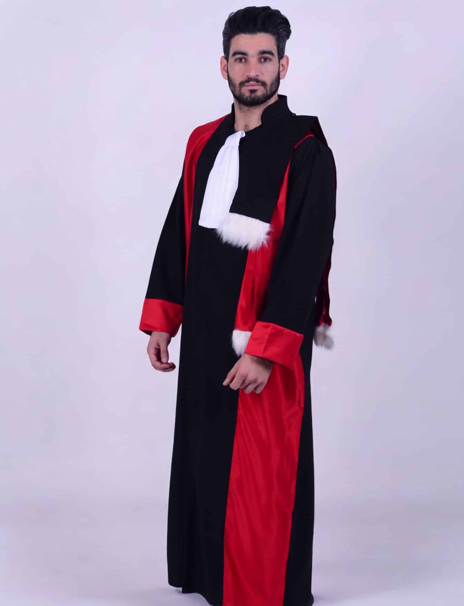 Un homme barbu aux cheveux courts porte la tenue doctorale de cérémonie, qui se compose d'une robe noire avec des touches de rouge et une bordure en fourrure blanche. Il se tient debout sur un fond uni et clair, regardant directement la caméra. La robe a une apparence formelle renforcée par son col blanc.