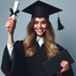 une etudiante portant une toge et un chapeau de graduation, tenant un diplôme roulé dans une main et un étui à diplôme dans l'autre. Cette image représente un moment de réussite académique, souvent associé à la fin des études et à l'obtention d'un diplôme.