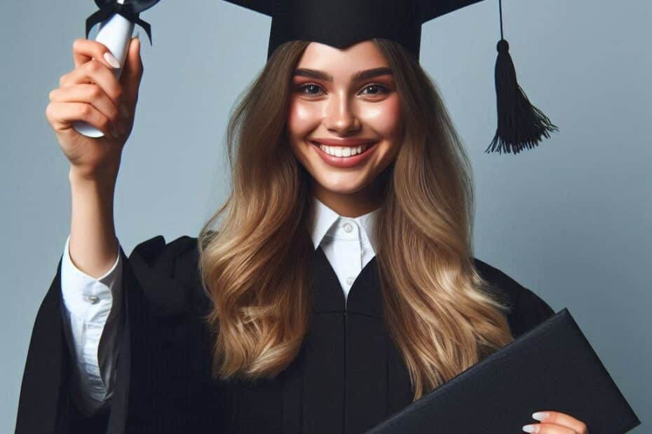 une etudiante portant une toge et un chapeau de graduation, tenant un diplôme roulé dans une main et un étui à diplôme dans l'autre. Cette image représente un moment de réussite académique, souvent associé à la fin des études et à l'obtention d'un diplôme.