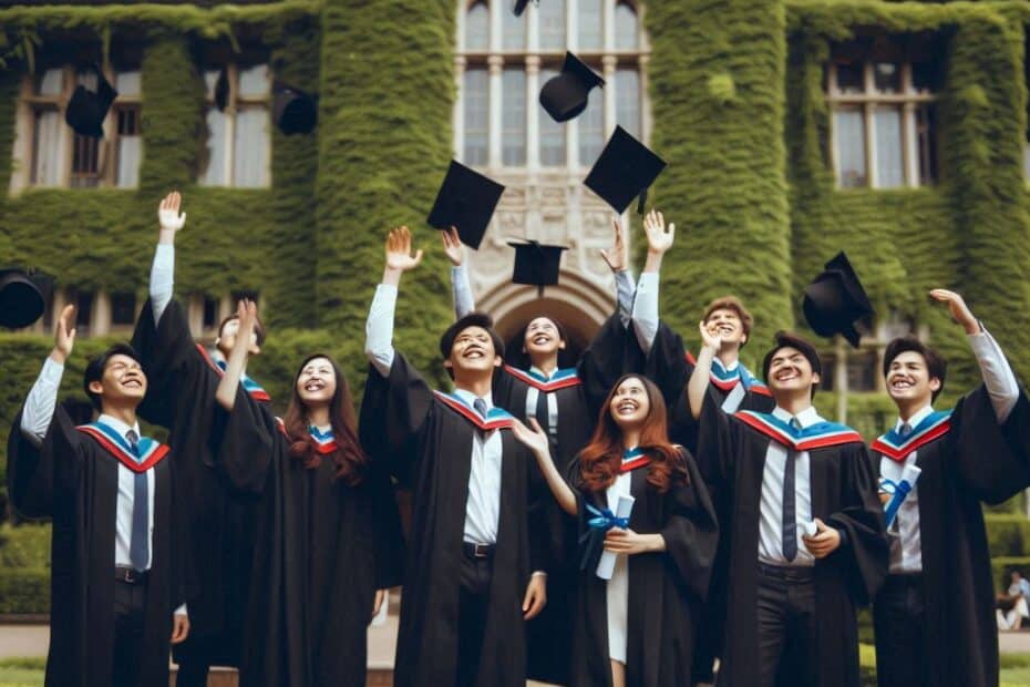 un groupe d'étudiants portant différents types de toges universitaires lors d'une cérémonie de remise de diplômes. Ils lancent joyeusement leurs chapeaux en l'air, célébrant la fin de leur parcours académique. En arrière-plan, on aperçoit leur université, un bâtiment imposant recouvert de lierre, symbolisant le lieu de leurs apprentissages et de leurs accomplissements. Cette scène capture parfaitement le moment de joie et de réussite de ces étudiants.