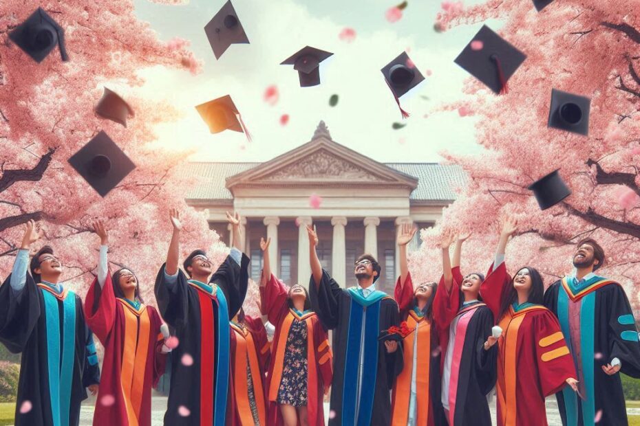 un groupe d'étudiants portant des toges universitaires lors d'une cérémonie de remise de diplômes. Ils lancent joyeusement leurs chapeaux en l'air, célébrant la fin de leur parcours académique. En arrière-plan, on aperçoit l'université, un bâtiment imposant, symbolisant le lieu de leur apprentissage et de leurs accomplissements. Les arbres en fleurs ajoutent une touche de beauté et de solennité à ce moment mémorable.