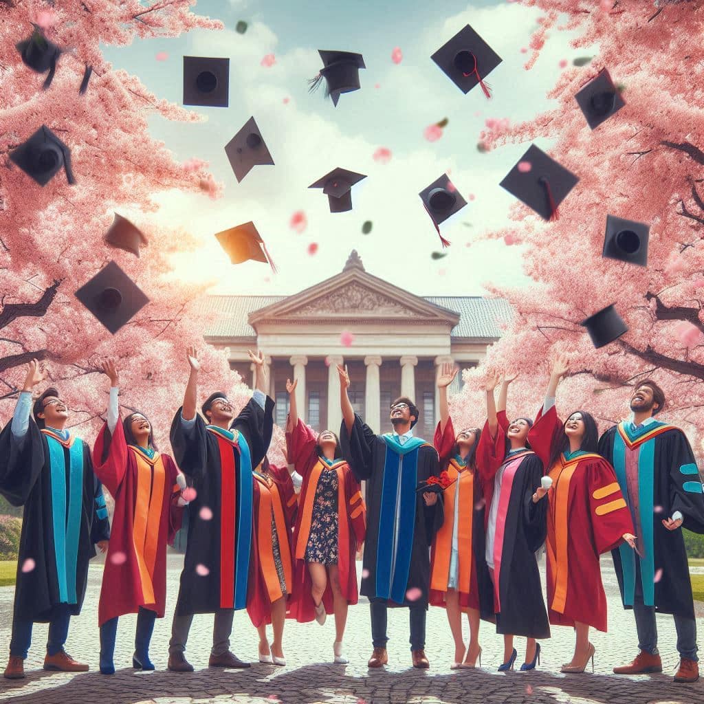 un groupe d'étudiants portant des toges universitaires lors d'une cérémonie de remise de diplômes. Ils lancent joyeusement leurs chapeaux en l'air, célébrant la fin de leur parcours académique. En arrière-plan, on aperçoit l'université, un bâtiment imposant, symbolisant le lieu de leur apprentissage et de leurs accomplissements. Les arbres en fleurs ajoutent une touche de beauté et de solennité à ce moment mémorable.