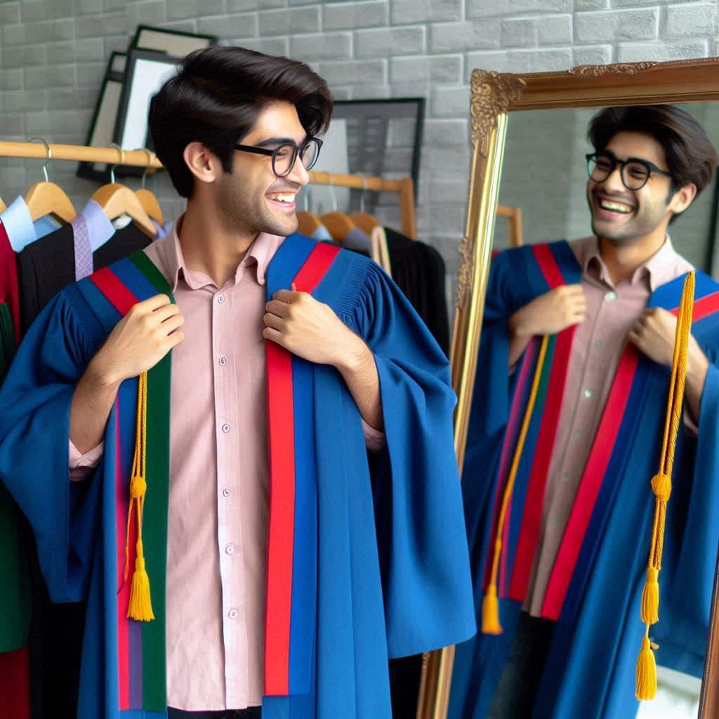 un étudiant en train de choisir et d'essayer une toge universitaire devant un miroir. Il vérifie attentivement l'ajustement et la coupe de la toge, semblant à la fois excité et concentré. Derrière lui, des rangées de toges de différentes couleurs et styles sont suspendues, prêtes à être essayées. L'atmosphère est marquée par l'anticipation et la gravité de ce moment important pour l'étudiant.