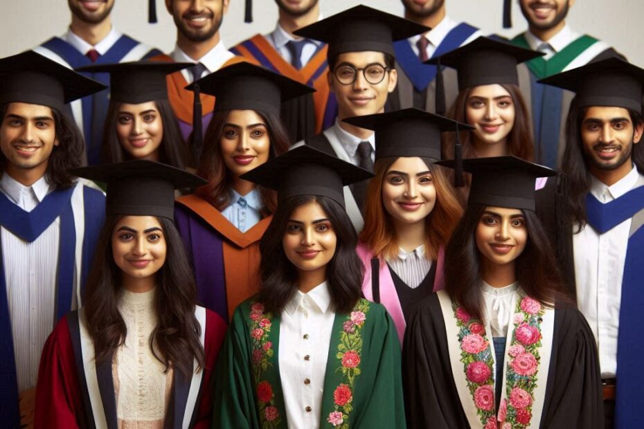 groupe d'étudiants debout en rangées, portant des toges et des coiffes de graduation, souriants et heureux d'avoir accompli une étape importante de leur vie. La fierté et l'excitation sont palpables.